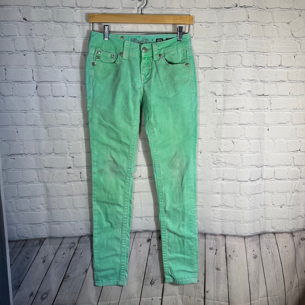 Miss Me Womens Mint Green‎ Skinny Jeans Floral Embroidered Rhinestone Size 25